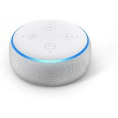 an amazon echo device is shown in front of a white background with blue trimmings