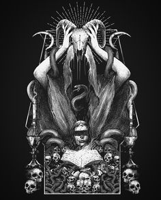 a black and white drawing of a woman sitting in a chair with skulls around her