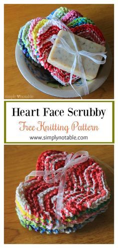 heart shaped crochet scrubby is sitting on a plate with the words, heart face scrubby free knitting pattern