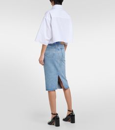 Denim midi skirt in blue - MM 6 Maison Margiela | Mytheresa Luxury Relaxed Denim Skirt, Luxury Mid-rise Casual Denim Skirt, Luxury Denim Blue Cotton Skirt, Mid-rise Denim Blue Cotton Skirt, Luxury Mid-rise Denim Blue Denim Skirt, Designer Beach Wear, Designer Shopping, Cropped Shirt, Denim Midi Skirt