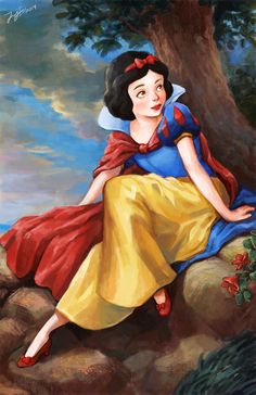 a painting of snow white sitting on top of a rock next to a large tree