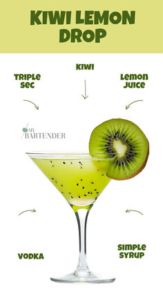 Kiwi Lemon Drop Kiwi Cocktails, Pineapple Lemon Drop Martini, Freezer Lemon Drop Martini, Lemon Drop Martini Recipe Limoncello, Kiwi Alcoholic Drink, Kiwi Cocktail Vodka, Boozy Recipes, Green Cocktails, Lemon Drop Cocktail