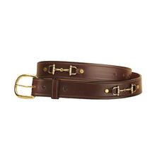 a brown leather belt with two brass buckles on the bottom and one gold plated metal