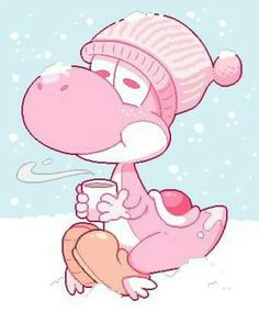 a cartoon character holding a cup in the snow