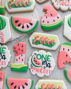 watermelon decorated cookies are displayed on a table with the words one in a melon