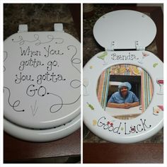 two pictures of a toilet that has been decorated with the words good luck and an image of a man on it