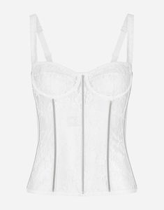 Lace lingerie bustier with straps: White Unlined Underwired cups Adjustable straps Boning Zipper fastening at the back The model is 175 cm tall and wears a size IT 40 Made in Italy Elegant Underbust Camisole With Boned Bodice, Luxury Sleeveless Corset, Elegant Corset With Delicate Straps, Elegant Underbust Camisole With Straps, Elegant Lace Corset With Adjustable Straps, Elegant Bra-friendly Camisole Corset, Elegant Tops With Adjustable Straps And Underwire, Black Intimates, Chiffon Halter Dress