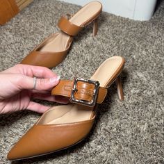 Justfab Heels Never Worn, In Perfect Condition Brown Cushioned Slip-on Heels, Elegant Brown Mules With 4-inch Heel, Brown Party Mules With 4-inch Heel, Brown Synthetic Heels With 4-inch Heel, Justfab Shoes, Just Fab Shoes, Brown Gold, Shoes Women Heels, Shoes Heels