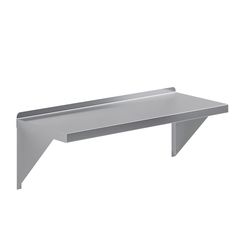 a stainless steel shelf sitting on top of a white wall