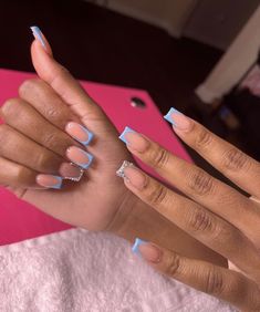 Spring Nail Ideas Short Square, Short Acrylic Nails For 13th Birthday, Short Box Nails Designs, Light Blue Nails Birthday, Short Hard Gel Nails Design, Birthday Nails Blue Short, Blue Nail Sets Acrylic, Blue Birthday Nails Short, Blue Nail Designs With Rhinestones