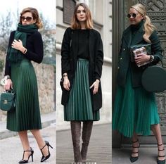 Satin Pleated Midi Skirt, Green Pleated Maxi Skirt Outfit, Long Green Skirt Outfit Winter, Dark Green Pleated Skirt Outfit, Long Pleated Skirt For Work, Green Pleated Skirt Outfit Winter, Pleated Satin Skirt Outfit, Green Skirt Outfit Fall, Dark Green Skirt Outfit