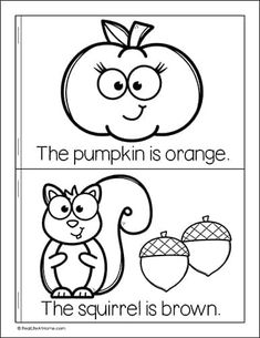 the pumpkin is orange and the squirrel is brown worksheet for kids to color