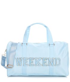 From GB&#x2C; this weekend features:"Weekend" letter patches with a gold glitter outlineCarry-on sizeAdjustable strapPolypropylene/nylonImported. Trendy Everyday Bag With Embroidered Logo, Trendy Bag With Embroidered Logo For Everyday, Trendy Blue Bag For Weekend, Trendy Everyday Bag With Letter Patch, Everyday Blue Bag With Embroidered Logo, Glitter Backpack, Letter Patches, Carry On Size, Girly Accessories