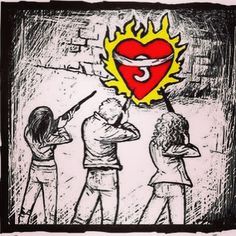 three people standing in front of a heart with flames on it