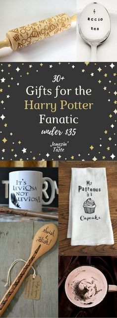 various items from harry potter are shown in this collage with the words, gifts for the harry potter fanatic