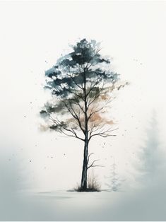 a watercolor painting of a tree in the middle of winter with snow on the ground