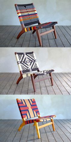 four different pictures of the same chair in different colors and patterns, each with an upholstered seat