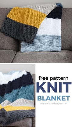 a knitted blanket sitting on top of a couch with the text free pattern written below it