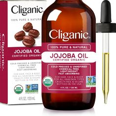 Cliganic USDA Organic Jojoba Oil, 100% Pure (4oz Large) | Natural Cold Pressed Unrefined Hexane Free Oil for Hair & Face | Base Carrier Oil Multipurpose oil, best benefits - best jojoba oil for face, hair and body. The jojoba essential oil has remarkable effects on the skin, scalp, beard and hair, and it can be used for all skin types. Light-weight, unrefined and fast absorbing, it's gentle enough to be used on even the most sensitive skin Organic Castor Oil, Organic Argan Oil, Carrier Oil, Oil Moisturizer, Face Hair, Carrier Oils, Natural Skincare, Body Hair, Oils For Skin