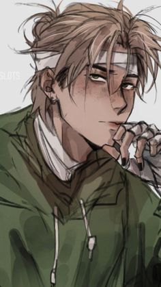 an anime character with blonde hair and green jacket talking on a cell phone while holding his hand up to his ear