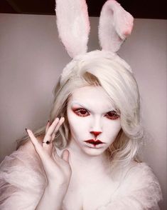 Unusual Halloween Costumes, White Rabbit Makeup, Bunny Halloween Makeup, Rabbit Makeup, Alice In Wonderland Makeup, White Rabbit Costumes, Wonderland Makeup, Bunny Makeup, Rabbit Halloween