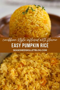 an easy recipe for pumpkin rice in a wooden bowl with the title text above it