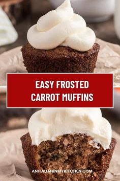 two pictures with the words easy frosted carrot muffins on top and bottom