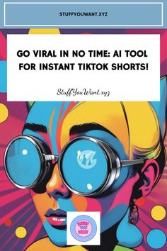 Promotional artwork for AI tool to create TikTok Shorts, featuring vibrant pop-art illustration of a person with goggles. Editing Tools