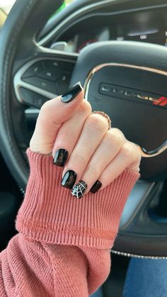 Black spider web nails, halloween, short square All Black Nails With Spider Web, Spooky Gel Manicure Short, Black Nails With Spider Web Design, Black Gothic Nails Short, Halloween Black Nails Short, Halloween Nails No Design, Spider Web Nails Black, Black Halloween Dip Nails, Black Cobweb Nails