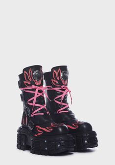 Dolls Kill Boots, New Rock Shoes, New Rock Boots, Boutique Logo Design, Platform Combat Boots, Dr Shoes, Black Platform Boots, Pink Boots, Y2k Pink