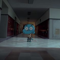 a cartoon character standing in an empty hallway