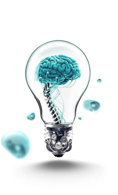 a light bulb with a brain in it and water droplets around it on a white background