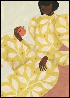 a painting of a woman holding an apple in her right hand and wearing a yellow dress with leaves on it