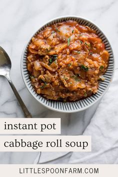 instant pot cabbage roll soup in a bowl with a spoon on the side and text overlay that reads instant pot cabbage roll soup