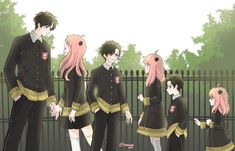 some anime characters are standing in front of a fence with pink hair and black clothes