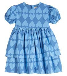 Heart cotton dress in blue - Jellymallow | Mytheresa Fitted Cotton Dress For Daywear, Blue Cotton Dresses With Short Sleeves, Casual Light Blue Cotton Dress, Short Sleeve Cotton Dress With Ruffles, Fitted Light Blue Cotton Dress, Blue Cotton Ruffled Dress, Blue Cotton Dress With Ruffles, Indigo Cotton Dress With Short Sleeves, Fitted Indigo Cotton Dress