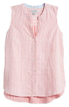 Cheery stripes animate a summery shirt cut from breathable linen in a sleeveless silhouette. Front button closure V-neck with band collar Sleeveless 100% linen Dry clean or machine wash, line dry Imported