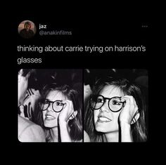 two women wearing glasses with the caption thinking about caring on harrison's glasses