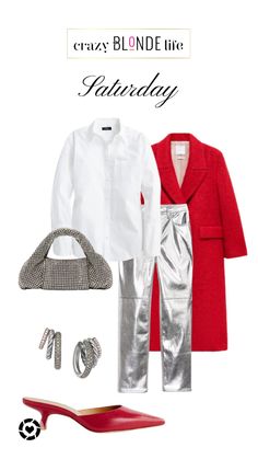 Red Blouse White Pants Outfit, Red And Silver Outfit Ideas, Silver And Red Outfit, Red And Silver Outfit, Silver Bag Outfit, Metallic Outfit Ideas, Silver Shoes Outfit