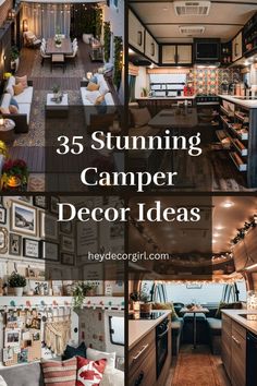 the inside of a camper with lots of pictures on it and text overlay that reads 35 stunning camper decor ideas