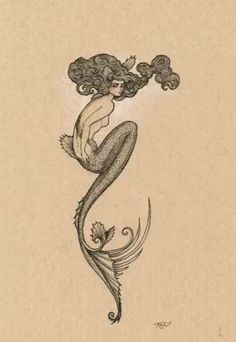 a drawing of a mermaid with her hair blowing in the wind, sitting on top of a piece of paper