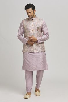 Pastel purple bundi with thread embroidered geometric patterns and sequin work embellishments. Comes with inner kurta and pant. - Aza Fashions Fitted Nehru Jacket With Gota Work For Navratri, Fitted Nehru Jacket With Dori Work For Navratri, Designer Purple Kurta, Festive Purple Sherwani With Zari Work, Purple Long Sleeve Traditional Wear For Transitional Season, Transitional Purple Traditional Wear With Long Sleeves, Fitted Purple Kurta With Gota Work, Transitional Purple Kurta With Chikankari Embroidery, Transitional Purple Chikankari Embroidery Kurta