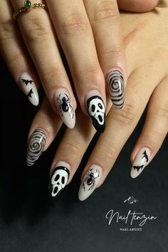 Made this halloween nails for my client. With scream face which is super popular halloween nails with some bats and ghost. Made this on a gel nails. Almond nails. Fall Theme Nails Simple, Aesthetic Spooky Nails, Halloween Nails White And Black, Nail For Halloween, Ghost Face Nails Almond, Spooky Halloween Nails Almond, Simple Scream Nails, Scream Mask Nails