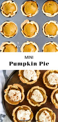 mini pumpkin pies in a muffin tin with text overlay that reads mini pumpkin pies