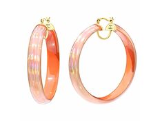 14k yellow gold over sterling silver large iridescent hoops in orange. Whether you're a 90s baby or a 80s girl, these hoops are a must have. The rainbow iridescent design is a nostalgic accessory for anyone who loves color. Add some attitude to your earrings because these acrylic earrings are slammin'. Iridescent Design, Iridescent Acrylic, 80s Girl, Rainbow Iridescent, Ring Spacer, 90s Baby, Beading Tools, Popular Jewelry, Acrylic Earrings