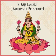 the goddess sitting on top of a lotus with flowers in her hand and text that reads,