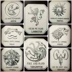 nine game of thrones coasters with different symbols and names in black and white