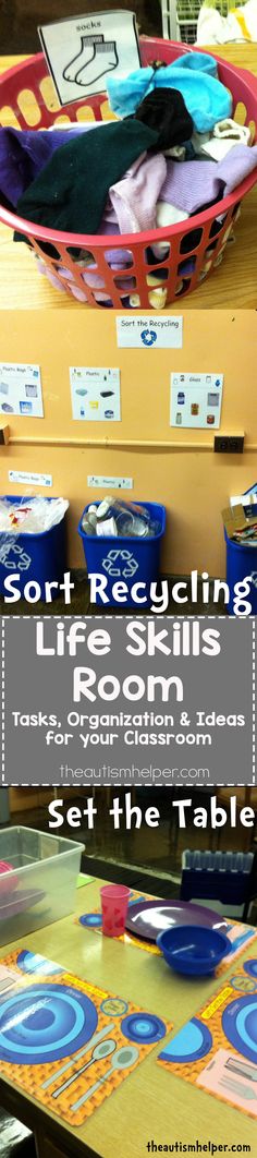 a basket with clothes on it and the words sorting life skills room set the table