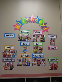 a bulletin board with pictures of children's birthdays