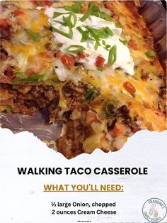 a piece of taco casserole with cheese and toppings